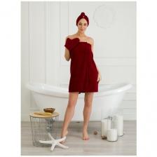 Набор для бани и сауны женский махровый BIO-TEXTILES бордовый S-L (70*120) накидка парео, чалма, варежка
