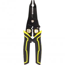 Многофункциональные плоскогубцы ГРАНДМАСТЕР – это надежный инструмент, необходимый каждому мастеру. Подходят как для профессионального монтажа, так и для бытовых задач. Плоскогубцы ГРАНДМАСТЕР изготовлены из профессиональной марганцевой стали 65Mn, обладающей повышенной износостойкостью и прочностью. Твердость стали – 55 HRC по шкале Роквелла. Специальное покрытие ANTI-RUST защищает металл от коррозии. Эргономичные рукоятки из термопластичной резины обеспечивают удобный захват и предотвращают скольжение. Плоскогубцы оснащены: – фиксатором для хранения в закрытом положении; – энергосберегающей пружиной, снижающей усталость при работе; – острыми режущими кромками для перекусывания кабеля. Дополнительные функции: – снятие изоляции с проводов диаметром 0,8, 1, 1,3, 1,6, 2 и 2,6 мм; – надежный захват и фиксация предметов благодаря насечкам на губках; – боковое лезвие для зачистки проводов и заточки карандашей; – пять отверстий (М2,5, М3, М3,5, М4, М5) для укорачивания болтов и проволоки*; – отверстие под фиксатором с лезвием для разделения кабеля; – четыре отверстия для намотки и скручивания проводов; – обжим различных видов клемм. *Обозначение резьбы: М – метрический стандарт, цифра – диаметр в мм. Упакованы в прозрачный блистер с европодвесом.  