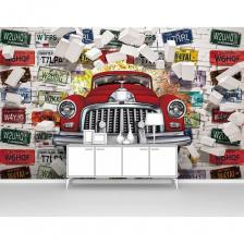 Фотообои машина лофт ООО Первое ателье "Ретро автомобиль пробивает стену с автомобильными номерами"  pw94964-3 - это моющиеся флизелиновые обои. Преимущество наших фото обоев в приятной текстуре материала, слегка шероховатой, напоминающей кварцевый песок, она дорого выглядит в интерьере, но при этом не перетягивает на себя внимание от изображения. Обои виниловые горячего тиснения на флизелиновой основе, прочные, плотные — 210 гр/м2, поэтому не рвутся при поклейке. Напечатаны экологичными латексными красками без запаха, имеющими европейские сертификаты, на материале, предназначенном специально для выпуска интерьерных фотообоев. Фотостена с оригинальным авторским рисунком на кухню, в спальню, для гостиной, зала, коридора, комнаты, прихожей, в офис подойдет под различные стили и решения вашего интерьера. Фотообои легко клеить самому, важно, что клей наносится сразу на стену. Если в размере несколько полотен, то поклейка происходит стык в стык и швы после монтажа практически незаметны. Фотообои на стене устойчивы к выгоранию от солнечных лучей. Винил горячего тиснения делает обои износостойкими, устойчивыми к механическим повреждениям и способствует яркости и естественности в цветопередаче. Рисунок позволяет сделать интерьер уютным, стильным и с 3д эффектом. Фотообои это прекрасное и недорогое решение сделать интерьер Вашей комнаты уникальным!