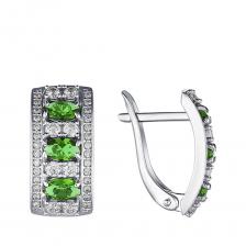Серебряные серьги с изумрудами и фианитами с родированием