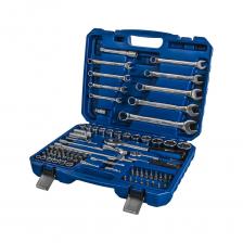 Набор инструмента универсальный выполнен из хром-ванадиевой стали. Благодаря сбалансированной комплектации набор подойдет для большого количества различных задач, снижая зависимость от стороннего инструмента. Все инструменты надёжно фиксируются и не выпадут при тряске. Эргономичный и противоударный кейс имеет надёжное петлевое соединение и металлические замки.