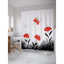 Шторка-занавеска для ванной Штора (занавеска) для ванной JoyArty "Мотылек над маками" из сатена, 180х200 см с крючками, sc_53358