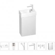 Комплексное предложение по специальной цене от Wellsee. ВАННАЯ КОМНАТА В СТИЛЕ WELLSEE Тумба с раковиной имеет длину всего 40 см и предназначена для небольших помещений. Надежные крепления, входящие в комплект поставки, способны выдерживать нагрузку до 100 кг. Основа тумбы – высококачественная импрегнированная плита МДФ, пропитанная специальным составом для усиления стойкости материала и максимальной защиты от влаги. Благодаря грязеотталкивающему слою минералов и повышенным антиадгезионным свойствам поверхность раковины не впитывает грязь и известковый налет. Дизайнерская сантехника изготовлена в едином стиле: изделия прекрасно дополняют друг друга и формируют органичный тандем с латунными сифонами, донными клапанами, выпусками, угловыми вентилями, элегантными аксессуарами и зеркалами из коллекции 7 Rays' Spectrum. Гарантируем 100% качество и целостность изделий комплекта.