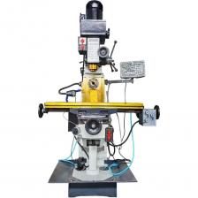 Сверлильно-фрезерные станки используются как правило для сверления глухих и сквозных отверстий в сплошных материалах, а также для рассверливания, зенкерования, развертывания, нарезания внутренних резьб, вырезания дисков из листового материала. На таких фрезерных станках можно выполнять фрезерование, наклонное торцевое фрезерование, шлифовку поверхности, горизонтальное фрезерование и другие операции. Для выполнения подобных операций используют сверла, зенкеры, развертки, метчики и другие инструменты. Формообразующими движениями при обработке отверстий на сверлильных станках являются главное вращательное движение инструмента и поступательное движение подачи инструмента по его оси. Главный параметр такого станка — наибольший условный диаметр сверления отверстия (по стали). Кроме того, сверлильно-фрезерный станок характеризуется вылетом и наибольшим ходом шпинделя, скоростными и другими показателями.  Описание машины: Универсальное использование в качестве фрезерного и сверлильного станка Система охлаждения (СОЖ) УЦИ (устройство цифровой индикации)  Массивная чугунная конструкция  Основные узлы станка изготовлены из высокопрочного чугуна или стали Легко переключаемый редуктор обеспечивает передачу мощности без потерь  Фрезерная головка может поворачиваться на ±25° Рабочий стол станка может поворачиваться на ±45° Шпиндель и пиноль большого диаметра, радиальные и осевые подшипники позволяют использовать их на полную мощность  Подсветка рабочей зоны станка  Автоматическое перемещение стола при помощи электропривода  Направляющие типа «ласточкин хвост» по всем трем осям  Высоту стола можно регулироваться через зубчатую рейку  Настройка вперед/назад с помощью переключателя двигателя  Отличное позиционирование, исключительная жесткость и стабильное сверление Кнопка аварийного выключения