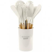 Набор силиконовых кухонных принадлежностей с деревянными ручками 12 в 1, молочный, Daswerk, 608193