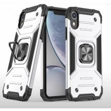 Противоударный чехол для iPhone XR серебро с пластиной для магнитного автодержателя и кольцом подставкой