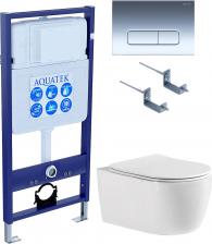 Комплект Унитаз подвесной AQUATEK Европа New AQ1106-00 безободковый, с микролифтом + Инсталляция Standard INS-0000012 + Комплект креплений KKI-0000002 + Кнопка KDI-0000016 глянцевый хром