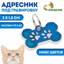 Адресник под гравировку "Косточка с лапками", 3 х 1,5 см, фасовка по 6 шт, микс цветов