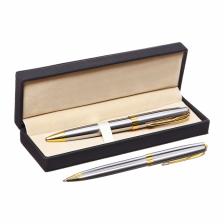 Ручка подарочная шариковая, в кожзам футляре, поворотная, корпус серебро/золото