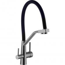 Смеситель Ниагара с выводом очищенной воды серого цвета входит в линейку цветных кранов Гейзер. Это специальные сантехнические изделия для комплектации фильтров для воды: кроме выходов горячей и холодной воды они имеют вывод очищенной воды из фильтра. Стальной смеситель с краном для питьевой воды Ниагара серого цвета дополнен гибким чёрным изливом. Очищенная питьевая вода гарантированно не смешивается с водопроводной, поскольку проходит по разным каналам. В комплекте — переходник для подключения фильтра к смесителю с 1/4"на 3/8".