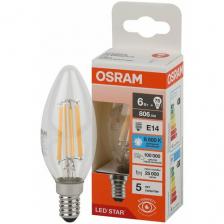 Лампа Светодиодная Свеча 6W 220-240V E14 806Лм 6500К Угол 300 град. D-35mm L-100mm Филаментная Стекло Свет Холодный белый OSRAM, уп. 10шт
