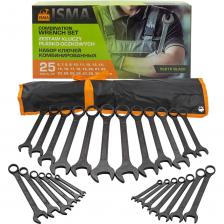 Этот набор комбинированных ключей от бренда ISMA — идеальное решение для профессионалов и домашних мастеров, которые ценят качество и функциональность в своих инструментах. Включая 25 ключей различных размеров, он подходит для выполнения множества задач, от мелкого ремонта до серьезных строительных работ.Характеристики:Размеры ключей: 6, 7, 8, 9, 10, 11, 12, 13, 14, 15, 16, 17, 18, 19, 20, 21, 22, 24, 25, 27, 28, 30, 32 мм.Материал: Изготовлены из высококачественной углеродистой стали, что обеспечивает долговечность, прочность и устойчивость к коррозии.Удобство хранения: Поставляется на полотне, что обеспечивает удобную организацию и быстрый доступ к инструментам.Широкий диапазон размеров: Набор включает ключи от 6 до 32 мм, что позволяет легко справляться с различными задачами и работать с крепежами разных диаметров.Высокая прочность: Ключи из углеродистой стали обеспечивают надежность и долговечность, позволяя использовать их в самых требовательных условиях.Удобное хранение: Полотно позволяет компактно разместить ключи, предотвращая их потерю и обеспечивая легкий доступ к нужному инструменту.Дополнительные особенности:Универсальность: Ключи идеально подходят для работы с болтами и гайками в различных сферах, включая автомобили, бытовые приборы и строительные проекты.Легкость в использовании: Комбинированные ключи позволяют быстро переключаться между открытым и закрытым положениями, что делает процесс работы более эффективным.