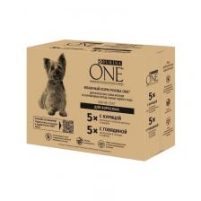 Purina ONE Мини набор паучей для взрослых собак мелких пород, с курицей, морковью и зеленой фасолью в подливе; с говядиной, картофелем и горохом в подливе - 85 г х 10 шт повседневный супер премиум для взрослых с говядиной миниатюрные породы паучи Российский корм 1 уп. х 4 шт. х 3.4 кг