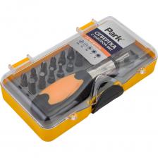 Отвертка с набором бит Park 22 предмета 008605 представляет собой набор в оптимальной комплектации и содержит самые популярные типоразмеры шлицев. Рабочие части изготовлены из прочной CrV стали, что обеспечивает высокую прочность и стойкость к износу. Двухкомпонентная рукоятка не скользит в руки и удобная в работе. Набор поставляется в пластиковом боксе для удобного хранения и транспортировки отверток.