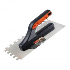 Гладилка для нанесения и распределения клея для плитки, кафеля и керамогранитаУдобная прорезиненная ручка облегчает работу с растворомПолотно из нержавеющей полированной стали с зубьями 12х12ммДля искривленной плитки <= 60х60 мм