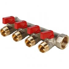 STOUT Коллектор с шаровыми кранами 3/4", 4 отвода 1/2" (красные ручки,арт.SMB 6200 341204)