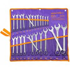 Ключи комбинированные 25 предметов на полотне от бренда MEGATOOLS - ручной инструмент для работы с различными резьбовыми соединениями.Универсальность. Комбинированные гаечные ключи являются универсальными, так как совмещают в себе рожковый и накидной ключ одного размера. Накидная часть 12-гранная применяется для работы с тугими крепежными соединениями, а рожковая часть расположена под углом 15 градусов к оси ключа для большего рабочего диапазона и применятся, если нет возможности накинуть ключ на соединение сверху - в таком случае можно работать с какой-то из сторон рожковым гаечным ключом.Качество. Материал изготовления ключей: закаленная сталь.Удобство хранения. В комплект входит специальное полотно-чехол с кармашками под каждый ключ для удобства хранения и перемещения набора ключей. Размер полотна 570 ммx 515 мм. Кроме того, чехол снабжён люверсовыми подвесами для надежного подвешивания или закрепления на стене.Комбинированные ключи широко применяются при проведении ремонтно-слесарных, монтажных, сантехнических и сборочных работ.  