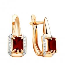Золотые серьги с гранатом и фианитами с родированием
