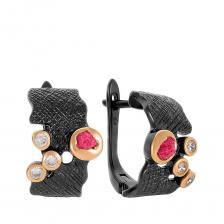 Серебряные серьги с рубинами и фианитами с позолотой