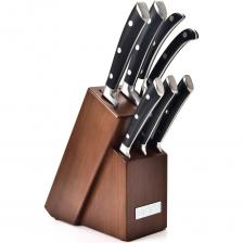 Набор ножей TALLER TR-22016 представляет собой универсальное решение для кухни, включающее в себя поварской, разделочный, сантоку, хлебный, универсальный и овощной ножи. Клинки изготовлены из нержавеющей стали, что обеспечивает долговечность и устойчивость к коррозии. Рукояти выполнены из пластика, что делает их легкими и удобными в использовании. Толщина клинка составляет 2.3 мм, что позволяет ножам сохранять остроту и точность реза. Набор дополнен ножницами и размещен на удобной подставке, что упрощает хранение и доступ к инструментам. Общий вес набора составляет 2.220 кг, что свидетельствует о его прочности и надежности.