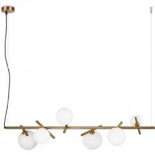 Материал арматуры - рифленый металл, цвет - латунь. Плафоны-сферы из белого матового стекла для мягкого заливающего света. Воздушный образ плафонов, строгие тонкие линии арматуры придадут интерьеру изящество и легкость. Высота подвесов регулируется. Источник света - лампы с цоколем G9.