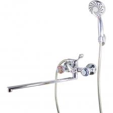 Используется для ванны, душа и умывальника при его близком расположении. Тип регулирования; двухвентильный.Тип крепления; встраиваемый в стену.Тип излива; плоский, длина 40см, с аэратором.Тип корпуса; литой.Кран-букса; керамическая. Размещение подводок- в разных отверстиях.Лейка; массажная. Способ переключения ванна-душ; кран-букса.