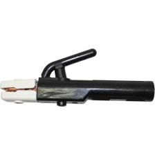 Электрододержатель предназначен для ручной дуговой сварки в качестве инструмента для зажима в нем покрытого сварочного электрода, подачи сварочного тока и перемещения электрода вдоль сварочного шва. Соединяется со сварочным аппаратом на 220/380Вт. посредством кабеля. Характеристики: Сварочный ток (ПВ 60%) 400A; Диаметр применяемых электродов 1,5 —6,0 мм Сечение сварочного кабеля — 35 - 95 кв. мм Материал исполнения: латунь (губки), пластик (корпус), сталь (пружина и крепеж).