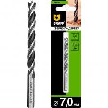 Спиральное сверло 7х69х109 мм GRAFF по древесине. Данная серия сверл выполнена в стандартных размерах. Рекомендуются для обработки мягкой древесины, столярных плит и ДСП без покрытия. Указания для пользователя: - быстрое сверление даже при установке в аккумуляторных дрелях; - износостойкая сталь CV; - центрирующее острие и 2 наружные режущие кромки. Параметры спирального сверла 7 мм по дереву: D = 7 мм, L = 109 мм, l = 69 мм, d = 7 мм. D - диаметр сверла, L - общая длина сверла, l - длина режущей части, d - диаметр хвостовика.