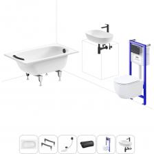 Комплексное предложение для обустройства ванной комнаты. Каждый элемент набора продуман и отвечает лучшим сантехническим решениям для ежедневного комфорта, максимальной гигиены и гарантирует надежный и безопасный монтаж. ВАННА ИЗ ПРЕССОВАННОЙ СТАЛИ ОТ SANITANA BLB Стальная ванна со стекловидной эмалью Europa толщиной 2,2 мм производится в длину от 105 до 170 см, шириной от 70 до 75 см. Ванна из стали с трехслойной стекловидной эмалью двойного обжига не подвержена истиранию, выцветанию и воздействию ультрафиолета (испытанная устойчивость согласно ISO 28706-1, ISO 28706-2 и EN 14516), что позволяет сохранить равномерный белый цвет на протяжении длительного срока службы. ПРОЧНЫЕ ОПОРЫ ИЗ СТАЛИ Ванна Europa 2,2 монтируется к стене, в угол или встраивается в нишу. Оригинальные металлические ножки с регулировкой по высоте надежно фиксируют чашу и равномерно распределяют динамическую нагрузку до 300 кг. КОМПАКТНЫЙ СИФОН Автоматический слив-перелив Useful Extras с донным клапаном click-clack и съемной накладкой на перелив изготовлен из полипропилена повышенной прочности и высокой термической устойчивостью. Функция верхней очистки позволяет с легкостью устранять возможные засоры, а плоский гидрозатвор служит барьером для неприятных канализационных газов. ПОДГОЛОВНИК НА ВАКУУМНЫХ ПРИСОСКАХ Полиуретановый подголовник на ванну адаптируется к анатомическим изгибам тела и исключает неприятные ощущения от контакта с твердым бортиком ванны. Термопластичный материал равномерно распределяет давление на голову, шею, плечи и снимает напряжение. Поверхность изделия не впитывает влагу и запахи, что гарантирует высокий уровень гигиены и износостойкость при продолжительном контакте с водой. ПОДВЕСНОЙ УНИТАЗ WELLSEE С СИСТЕМОЙ СМЫВА «ТОРНАДО» Безободковая чаша из санфарфора имеет плавную округлую форму с открытым смывным краем. Сверхпрочное антимикробное покрытие CeramicTop не позволяет скапливаться бактериям на поверхности унитаза и облегчает очистку изделия от загрязнений. Революционная система водоворота VortexFlow, в основе которой – мощное торнадо, эффективно омывает чашу и быстро удаляет выделения. Подвесная чаша оснащена сиденьем из дюропласта Saniplex с микролифтом. С помощью системы QuickOff Easy установить или снять сиденье вместе с крышкой можно всего за несколько секунд. Гладкая поверхность не задерживает пыль и грязь, а для ухода достаточно регулярно протирать изделие влажной салфеткой. УНИВЕРСАЛЬНАЯ ИНСТАЛЛЯЦИЯ С БЕСШОВНЫМ БАЧКОМ Инсталляционная система Lavinia Boho Relfix с универсальным комплектом креплений позволяет производить не только стандартный «прямой» монтаж рамы к стене, но и осуществлять «поворотный» монтаж, вплоть до установки в угол помещения. Цельнолитой бачок системы изготовлен из долговечного полимерного материала HDPE, изолирован от конденсационной влаги и защищен от образования плесени. Все соединительные элементы бачка для подключения инсталляции к трубопроводу изготовлены из прочной латуни. ЗВУКОИЗОЛЯЦИОННАЯ ПАНЕЛЬ Шумоизоляционная пластина Lavinia Boho RelFix для подвесного унитаза снижает шум воды, сливаемой из бачка инсталляционной системы. Дополнительно панель служит амортизирующей прослойкой между керамикой и плиткой и защищает поверхности от повреждений. УЛЬТРАТОНКАЯ КЛАВИША СМЫВА Клавиша изготовлена из высококачественного пластика с антибактериальным покрытием SanitiZed и легко очищается от загрязнений. Механизм активации смыва рассчитан на 200.000 циклов (или 15 лет бесперебойной работы). УМЫВАЛЬНАЯ ЗОНА С КЕРАМИЧЕСКОЙ РАКОВИНОЙ ОТ WELLSEE В комплексное предложение для обустройства ванной комнаты входит готовое дизайнерское решение умывальной зоны в едином стиле от Wellsee. В набор включены: — накладная раковина Chic Riviera из санфарфора RefCeram с увеличенной гарантией 25 лет. Эргономичная чаша шириной 60 см и высотой 15 см с плавным изгибом тонких стенок максимально удобна для умывания, чистки зубов и бритья. Умывальник устанавливается на ровную поверхность столешницы или тумбы; — отдельностоящий латунный смеситель ICON! for life высотой 31,1 см с прочными гибкими шлангами. Высокая точность управлени