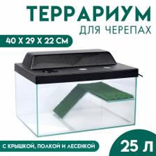 Террариум для черепах 25 литров, с крышкой, полкой и лесенкой, 40x29x22 см