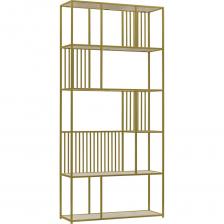 Золотой металлический стеллаж SOHO с керамическими полками привлекает внимание элегантным дизайном и функциональностью. Прочный стальной каркас изготовлен из профильных труб 15х15 и 10х10 мм, что обеспечивает надежность предмета интерьера. Вместительный стеллаж организует пространство в гостиной, спальне, кабинете, кухне и ванной комнате. Широкий стеллаж с открытыми полками удобно использовать в качестве перегородки для зонирования.   
