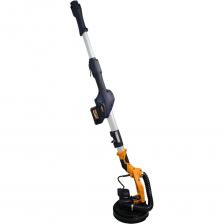 Аккумуляторная шлифовальная машина "Жираф" BR7201-7 отличается удобством и комфортом в управлении. Имеет тихий бесщеточный двигатель, облегченный корпус. Шлифмашина работает с мешком для сбора пыли, оснащена телескопической (выдвижной) ручкой удлинителем. Шлифовальную машину можно подключать также к любому строительному или промышленному пылесосу для лучшего пылеудаления. Складная конструкция для удобства транспортировки и хранения. Плавная регулировка оборотов. Применение: шлифовка стен, потолков по штукатурке, шпатлевке. Вес шлифовальной машины "Жираф" BR7201-7 без комплектующих составляет 3,82кг ХАРАКТЕРИСТИКИ:Двигатель бесщеточный;Привод от аккумулятора;Емкость аккумулятора: 20V/4.0А;Плавная регулировка скорости вращения;Диаметр опорной тарелки: 215 мм;Диаметр применяемых шлифовальных кругов: 225 мм;Скорость вращения: 600 -1200 об/мин;Плавная регулировка скорости вращения;Возможность установки тарелок разного типа жесткости  