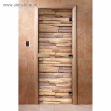 Дверь для бани и сауны «Стена из дерева», коробка 190x70 см, стеклянная, левая, с фотопечатью