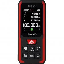 ФункцииКак измеритель профессионального класса, лазерный дальномер при выполнении линейных измерений способен работать в однократном и непрерывном режиме, отслеживать максимальные и минимальные показатели, рассчитывать площади и объемы, а также недоступные размеры по теореме Пифагора или по наклонной дальности и углу наклона.Одновременно с показателями измеренной дистанции, на экране в верхнем левой части высвечивается угловая величина, указывающая на текущий наклон инструмента. Лазерный дальномер RGK DX100 также может использоваться в качестве уровня для контроля горизонтальности поверхностей. Поддерживается возможность крепления инструмента на штативе, перенос точки начала отсчета, отложенный запуск измерений по таймеру и самостоятельная калибровка. Режим измерений с разбивкой по точкам упрощает выполнение разметочных работ.ОсобенностиЦветной графический дисплей с хорошо различимым инверсным изображением отображает одновременно результаты измерений, дополнительную информацию и необходимые подсказки; функция автоматического поворота экрана.Аккумуляторное питание позволяет выполнять на одной зарядке до 5000 разовых замеров; для подзарядки можно использовать любой сетевой адаптер от смартфона, для чего прибор комплектуется кабелем USB Type-C.Встроенная память, в которую данные, полученные в ходе замеров и расчетов, вносятся автоматически путем циклической записи в одну из 100 ячеек.