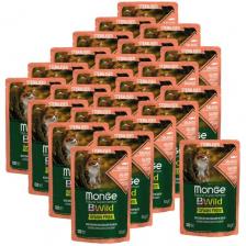 Корм для стерилизованных кошек Monge BWILD Feed the Instinct, беззерновой, с лососем, с креветками, с овощами 24 шт. x 85 г (кусочки в соусе)