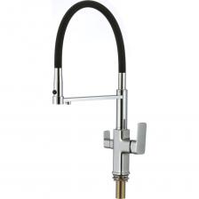 Смеситель для кухонной мойки с гибким силиконовым изливом оснащен поворотным краном и водосберегающим съемным аэратором для экономии воды и бесшумной работы, а так же экономичным керамическим картриджем для регулировки горячей и холодной воды. Высокий кран на кухню с подключением к фильтру питьевой воды. Поворотный переключатель на фильтр на корпусе крана. 