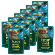 Корм для стерилизованных кошек Monge BWILD Feed the Instinct, беззерновой, с тунцом, с креветками, с овощами 12 шт. x 85 г (кусочки в соусе)