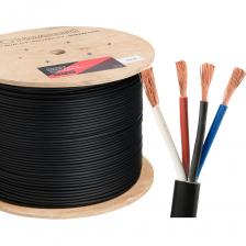 Акустический кабель (круглый) используются в профессиональных системах вещания для передачи аналоговых аудиосигналов. Предназначен для подключения акустических систем, колонок и громкоговорителей. Подходит для студий звукозаписи, репетиционных студий, концертных и презентационных площадок. Кабель состоит из 4 медных проводников из многожильной бескислородной меди (OFC), сечение проводников - 4 мм2, ? 2.55 мм, изоляции из LSHF-FR материала красного, черного, белого и синего цвета и гибкой PVC оболочки черного цвета RAL9005. Стандарт IEC 60332-1, разработан в Германии.