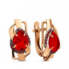 Золотые серьги с гранатом и фианитами с родированием