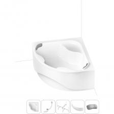 Симметричная угловая ванна Aveo производится в размерах 140140 и 150150 см, что позволит выбрать желаемый объем купели и эффективно использовать пространство ванной комнаты. Эргономичная чаша с совершенными формами отличается внушительным объемом (240 или 300 л в зависимости от размера). Удобные пологие спинки и смещенный в центр ванны слив позволяют максимально комфортно расположиться людям высокого роста и разного телосложения. Основа ванн из литьевого акрила — жесткий 4 мм лист полиметилметакрилата (ПММА), который помещают в вакуум-формовочное оборудование и под большим давлением заполняют матрицу будущей ванны. Для максимальной прочности конструкции по всему основанию купели закладывается усиленная плита ДСтП, а внешняя сторона покрывается смесью полимера с отвердителем и ровингом. После отверждения в ванне высверливают отверстия для слива-перелива. Сифон-автомат Useful Extras от Wellsee изготовлен из полипропилена высокой термической стойкости и прочности, неуязвим к воздействию агрессивных химических средств. Самоочищающаяся форма и изгибы сифона препятствуют скоплению грязи внутри обвязки и поддерживают высокую пропускную способность — 50 л/мин. Конструкция ванны предполагает установку на поперечные ножки или усиленный металлический каркас с максимальной нагрузкой до 500 кг и предусматривает дополнительную фиксацию к стене. Наличие регулировок на каждой ножке и распорках обеспечивает удобство установки на различных поверхностях.