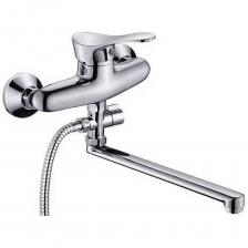 Смеситель для ванны и душа однорычажный, с L-образным поворотным изливом длиной 30см, шлангом для душа, лейкой и креплением. Покрытие хром Аэратор с функцией лёгкой очистки. Керамический картридж 35мм Выносной дивертор