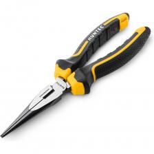 Профессиональные длинногубцы промышленного класса с повышенным рабочим ресурсом отличаются особой прочностью, надежностью и долговечностью. Полукруглые длинные губки с заостренными концами и режущими кромками для мягкой, средней и твёрдой проволки. Зоны захвата с зубцами для надежного удерживания. При производстве длинногубцев RUNTEC используется только современное оборудование и высококачественные материалы. Строгое соответствие нормам безопасности и стандартам качества гарантирует длительный период эксплуатации и безопасную работу при соблюдении рекомендаций к использованию. Изготовлены из высококачественной кованой хромованадиевой стали (CrV) с многоступенчатой закалкой в масле. Режущие кромки и зоны захвата дополнительно закалены токами высокой частоты: Режущие кромки – до твердости 61-65 HRC. Зоны захвата плоских и круглых деталей – до твердости 55 HRC. Длинногубцы обработаны антикоррозийным маслом, образующим нерастворимую в воде, неприлипающую, сухую и прочную пленку на металле. Полностью отполированные металлические поверхности, оксидированные режущие кромки и зоны захвата, а также электрофоретическое лакирование для дополнительно защищает от коррозии, при этом не снижает режущую способность. Надежный эксцентриковый шарнир с плавным ходом, расположенный ближе к режущим кромкам, увеличивает длину рычага и позволяет производить работу с меньшим усилием. Маслобензостойкие трехкомпонентные ручки из синтетический резины и полипропилена оснащены упорами для защиты от соскальзывания и отверстиями для страховочных креплений. Инструмент изготовлен в соответствии с DIN / ISO 5745.