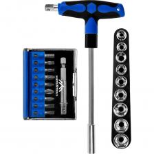 Отвертка с Т-образной эргономичной ручкой, набором бит и торцевых головок из хромованадиевой стали, предназначена для работы с резьбовыми крепежами. В наборе 9 бит и 9 торцевых головок, поэтому набор подходит для монтажа и демонтажа болтов, шурупов и гаек. Для фиксации бит предусмотрен присоединительный шестигранник размером 1/4 дюйма, для торцевых головок имеется адаптер. Использование присоединительного квадрата размером 1/4 дюйма, встроенного в ручку отвертки, позволяет увеличить длину рычага и работать со значительным усилием. Набор рекомендован для профессионального применения.