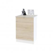 Рабочая кухонная тумба со столешницей, встроенным ящиком и полкой внутри. Дверцу можно навесить с любой стороны. Ручки на фасадах сделаны из металла.Размер (ВхШхГ): 850 х 600 х 600 мм. Глубина модуля по столешнице: 600 мм. Глубина модуля по корпусу: 465 мм. Высота столешницы — 26 мм.Тумба сделана из ЛДСП 16 мм, края оформлены кромкой ПВХ 0,4 мм. В ящике используются роликовые направляющие. Столешница сделана из ЛДСП с влагостойким прочным покрытием «постформинг».Тумба СОКОЛ белый4/дуб сонома ТК-06.1 ТК061Б4с5 предназначена для офиса или дома.Благодаря высокой прочности прослужит долгое время.Легко чистится, что экономит время и силы.Современный дизайн впишется в любой интерьер.