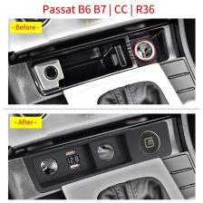Автомобильное зарядное устройство для Volkswagen Passat B6/B7/CC/R36, Разветвитель Прикуривателя, быстрая зарядка, два перетаскивания, дисплей напряжения аккумулятора