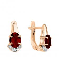 Золотые серьги с гранатом и фианитами с родированием
