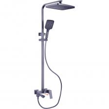 A2490-17 стойка душевая оружейная сталь латунь, картридж D=35 мм излив: L=184 мм, поворотный, переключение потока аэратор: "без брызг" установочный комплект + ручная лейка: ABS пластик, 110x120 мм, 3 режима, оружейная сталь/серый держатель настенный: ABS пластик, оружейная сталь шланг: 1500 мм, PVC, антитвист, оружейная сталь