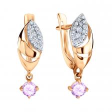 Золотые серьги с аметистами и фианитами с родированием