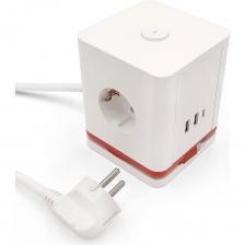 Удлинитель-куб 1,4 м, 1,5мм2, 3 гнезда 16А, с заземлением и выключателем, с встроенным зарядным кабелем 60 см и штеккером TypeC, 2USB + Type C 3,4A, цвет белый, IP20