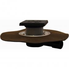 Трап с горизонтальным выпуском DN40/50, корпусом с гидроизоляционным полимербитумным полотном, с надставным элементом из чугуна и чугунной решеткой и сухим сифоном.